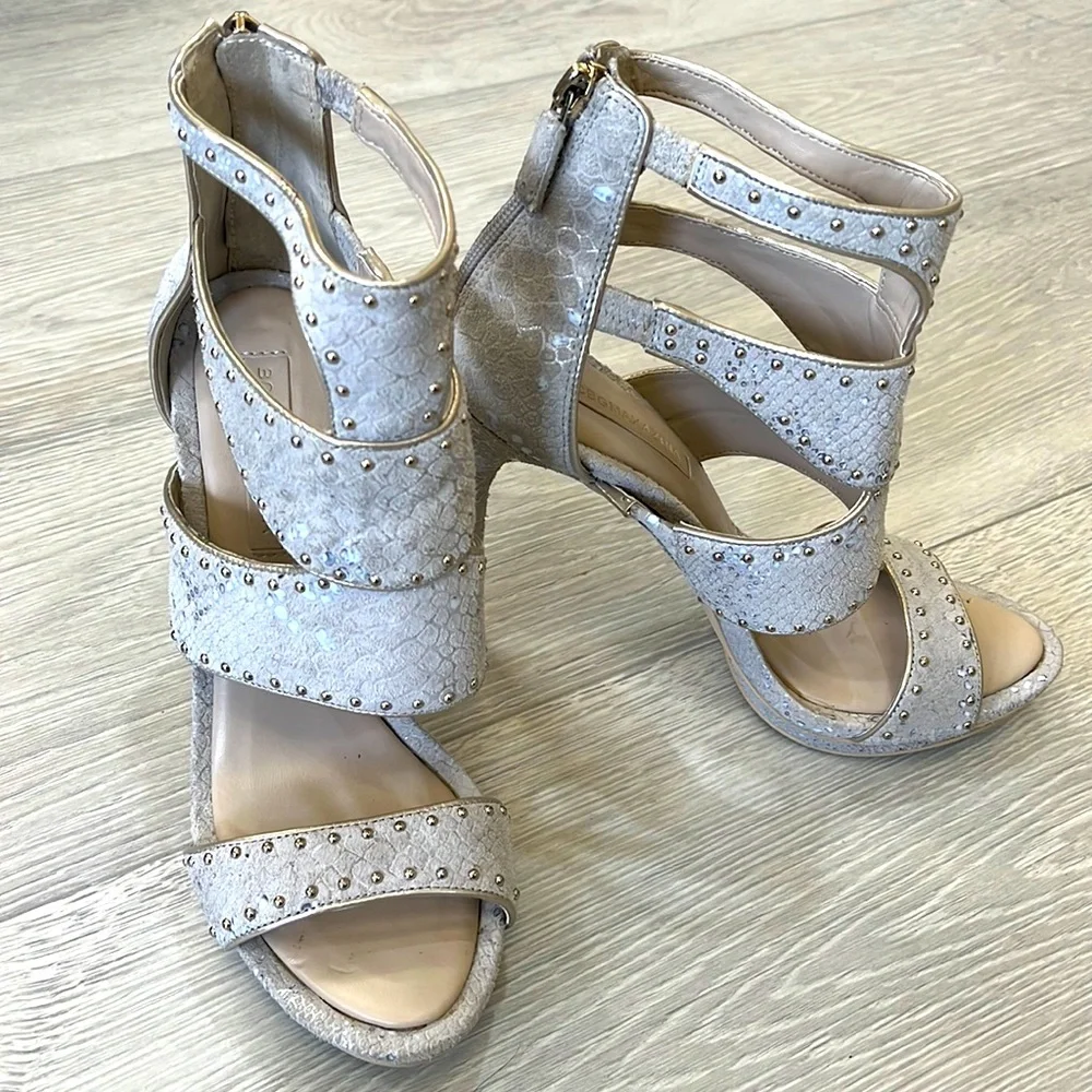 BCBGMaxAzria Beige Gold Studded Zip Up Stiletto—4.5”Heels —Size 8B— - Picture 1 of 12